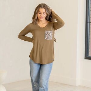 Zenana Outfitters khaki Long Sleeve with Leopard Pocket style apt-8208ab